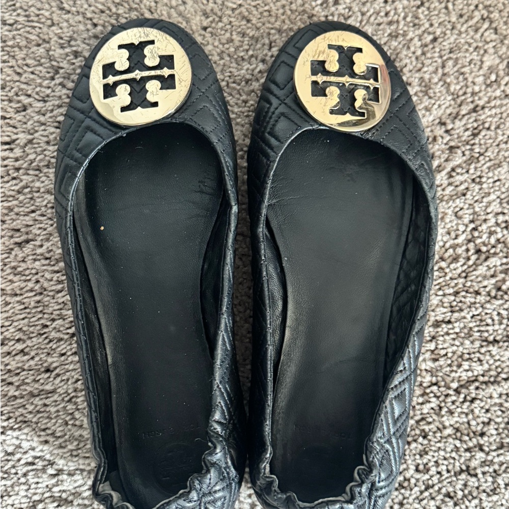Tory Burch Black Quilted Flats with Gold Emblem